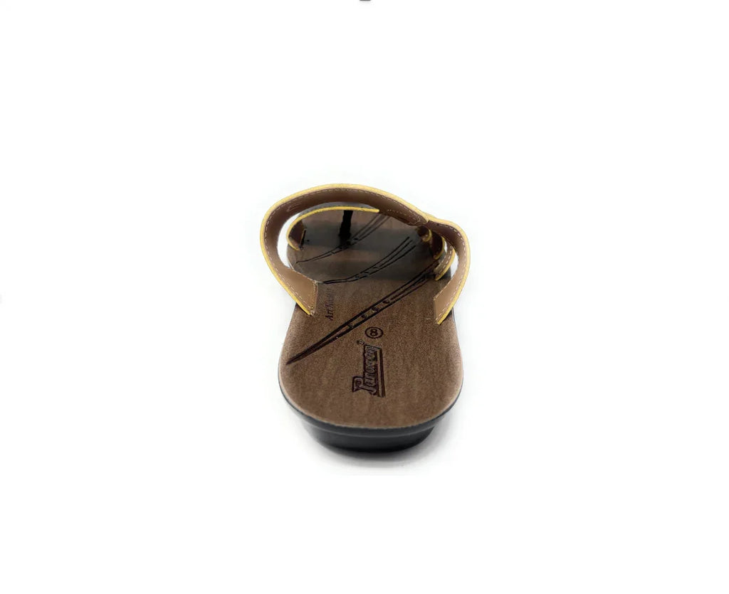 Brown leather sandal with yellow straps, slip-on design, comfortable flat sole