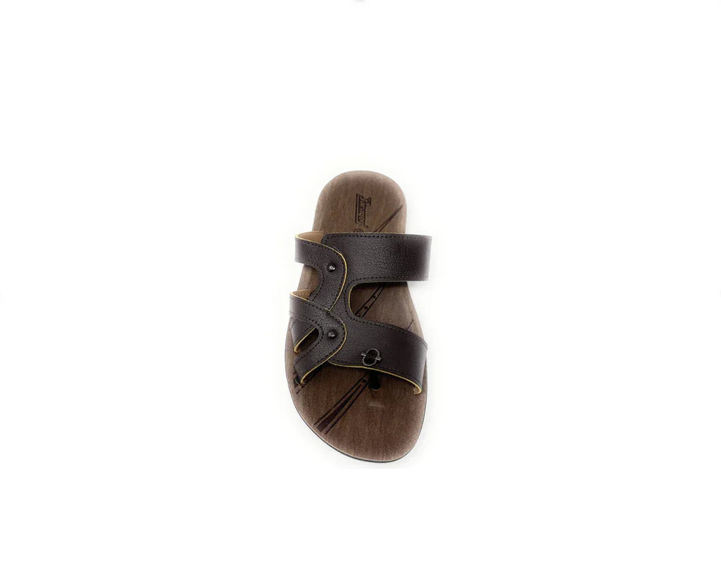 Brown leather men's slide sandal with open toe and decorative stitching