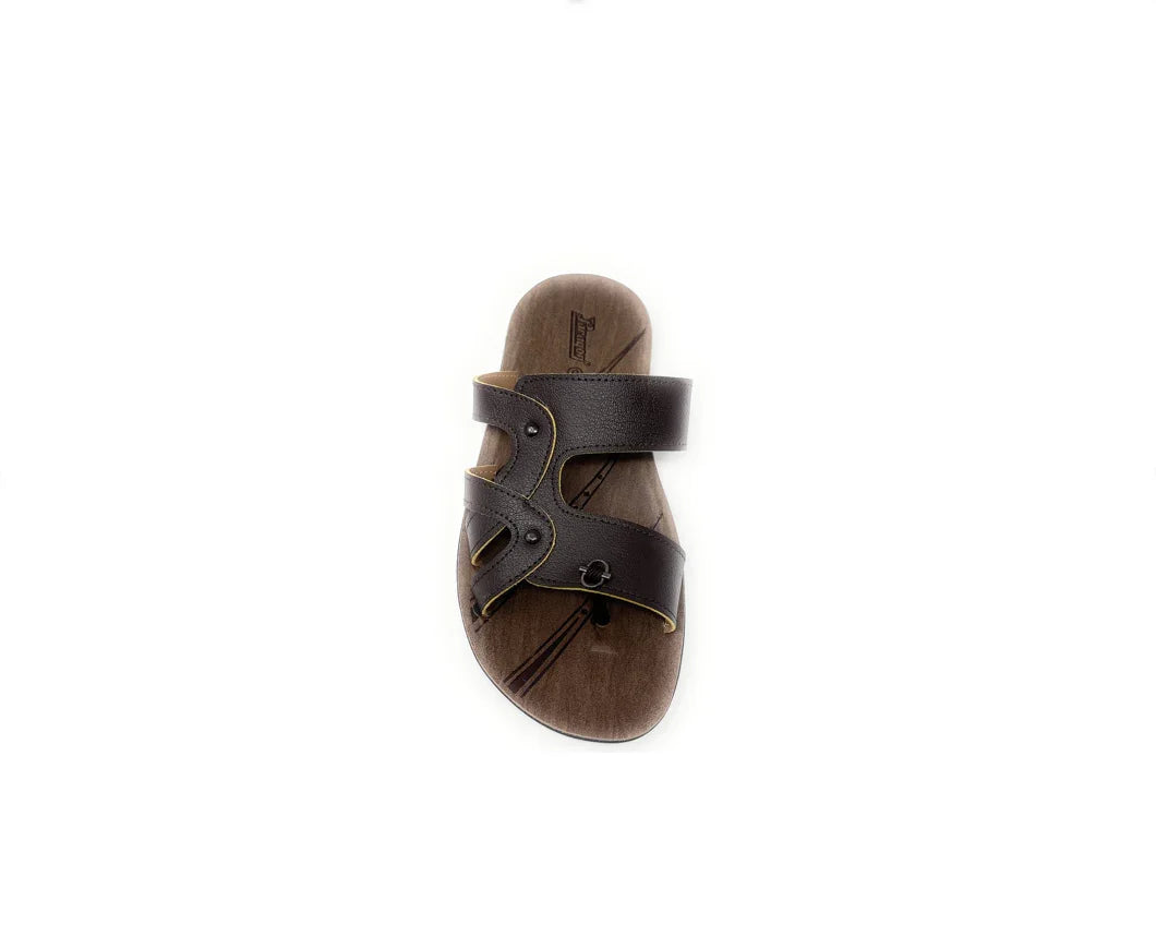 Brown leather men's slide sandal with open toe and decorative stitching