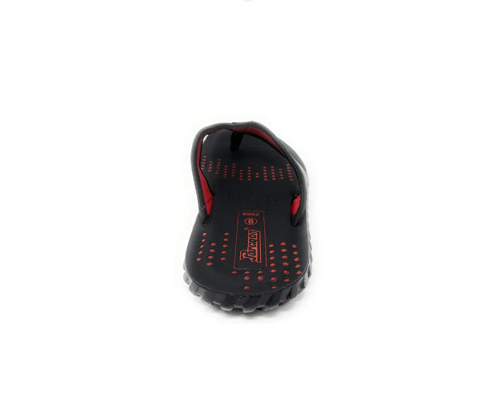 Black and red men's sandal with perforated sole, durable slip-on footwear