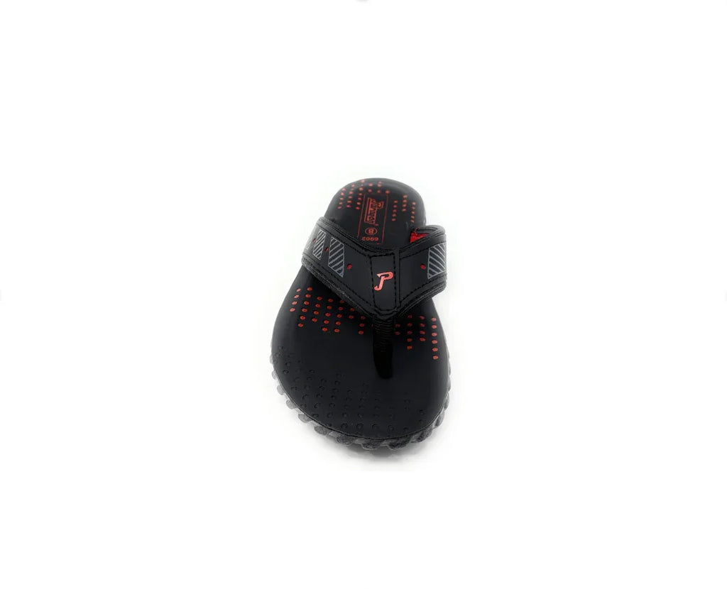 Black and red men's flip flop sandal with textured sole on white background