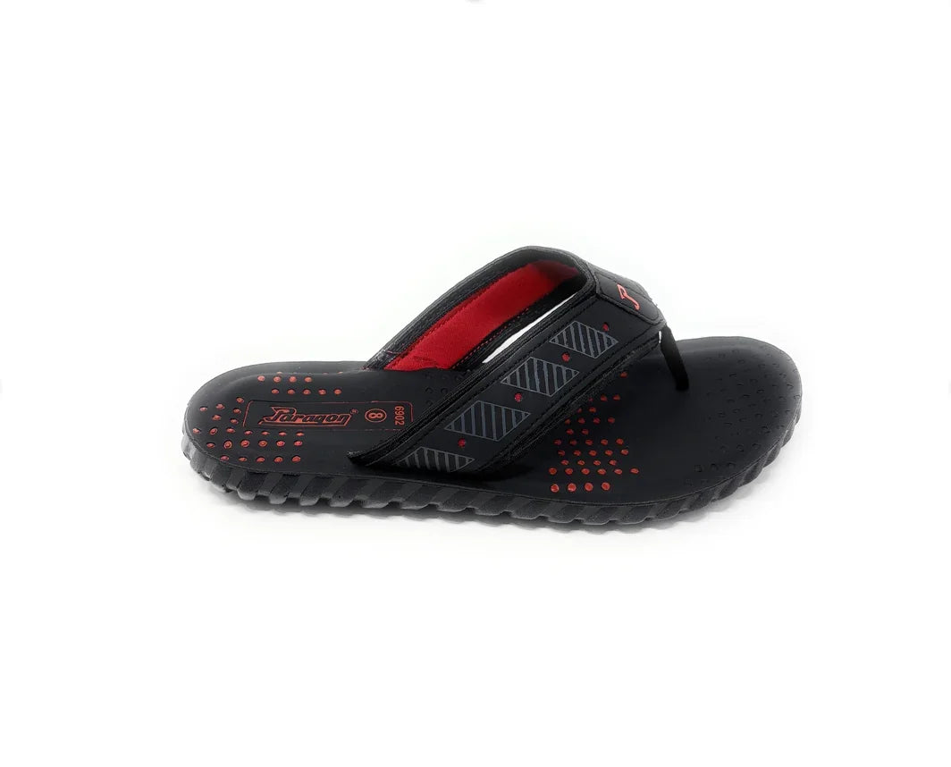 Men's black and red flip flop sandal with cushioned sole on white background