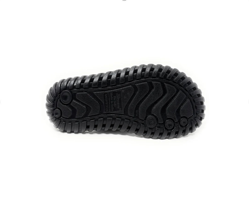 Black textured shoe sole with deep tread, footwear accessory on white background