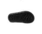 Black textured shoe sole with deep tread, footwear accessory on white background