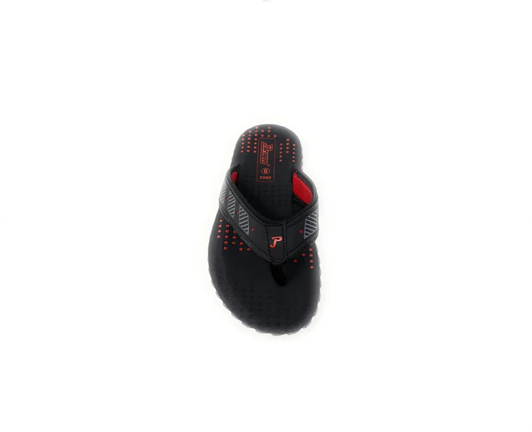 Black and red men's sandal with perforated sole, top view, casual footwear