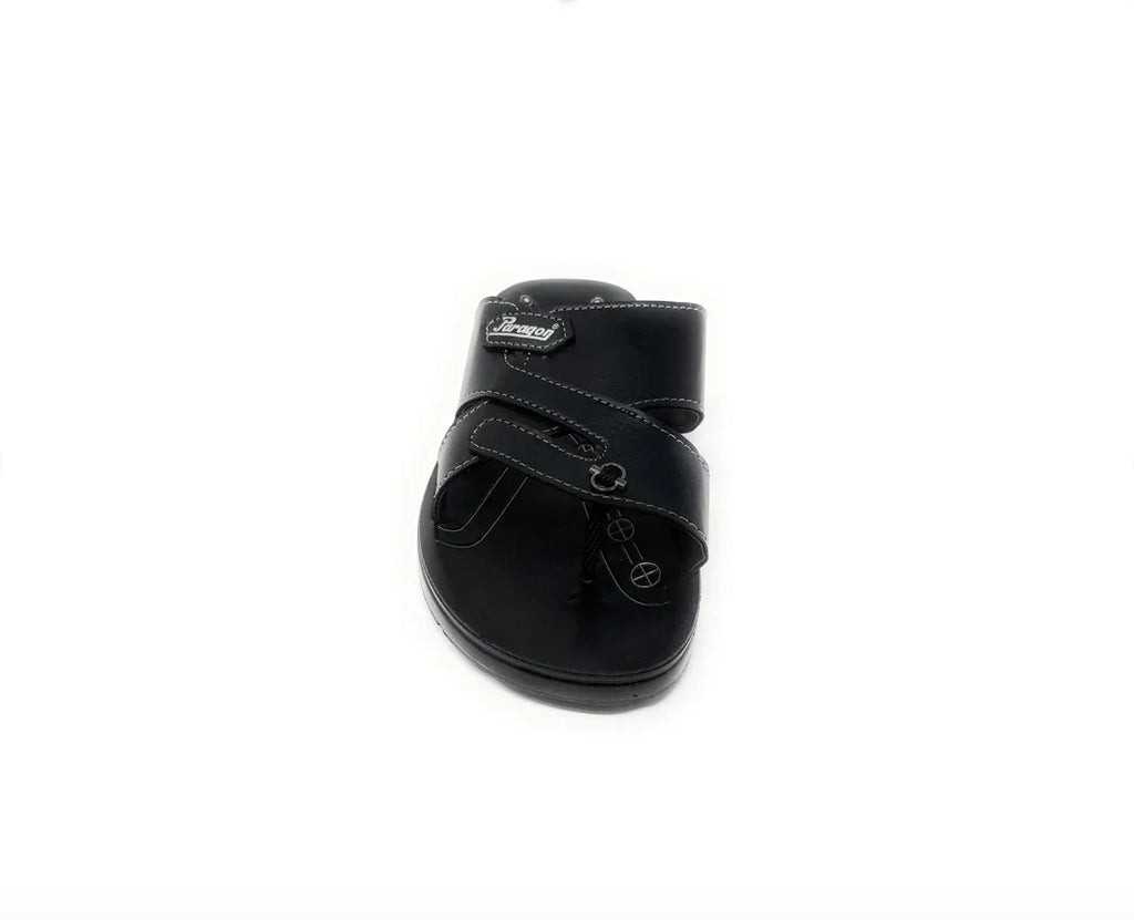 Black men's sandal with two straps and white stitching, comfortable footwear on white background