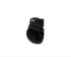 Black men's sandal with two straps and white stitching, comfortable footwear on white background