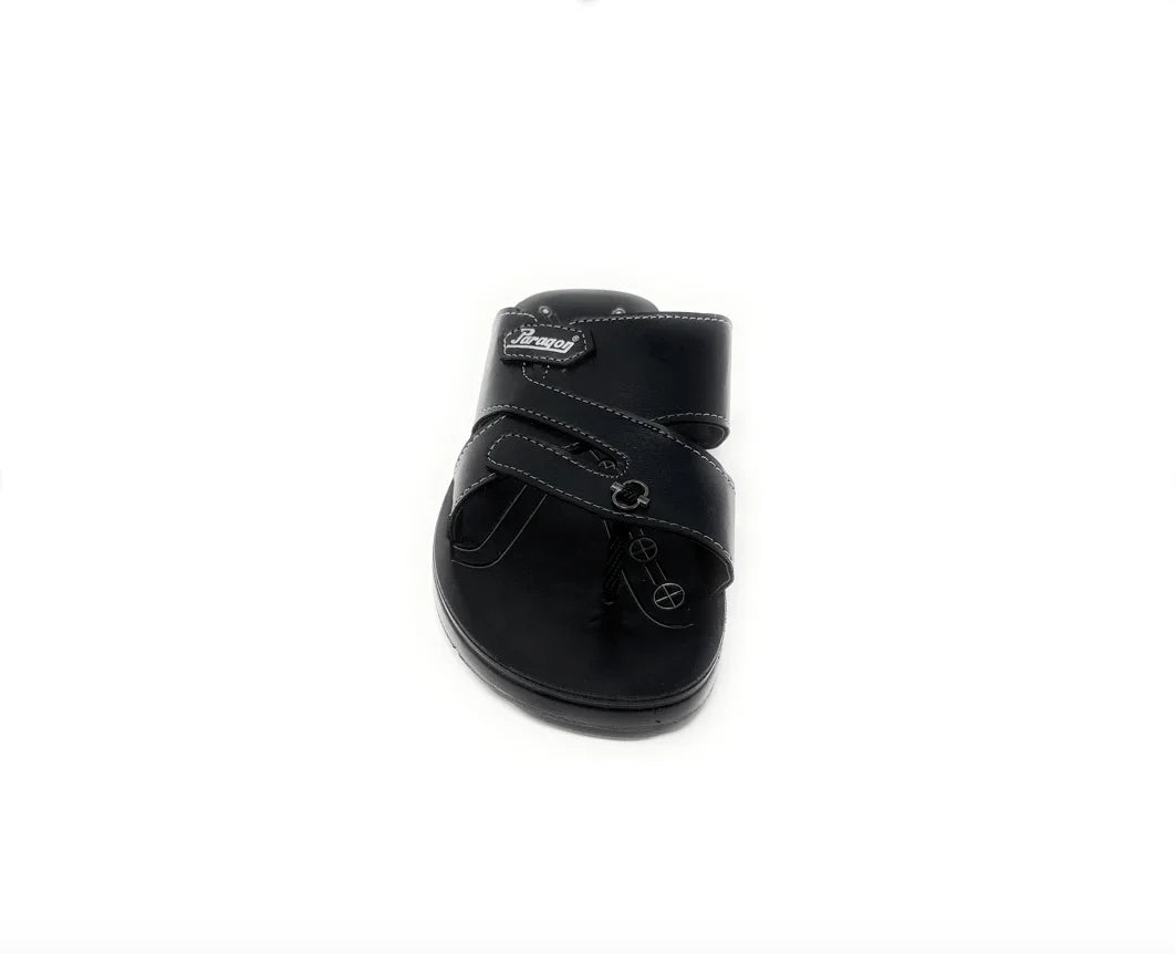Black men's sandal with two straps and white stitching, comfortable footwear on white background