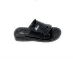 Black slip-on sandal with double straps and open toe for men on white background