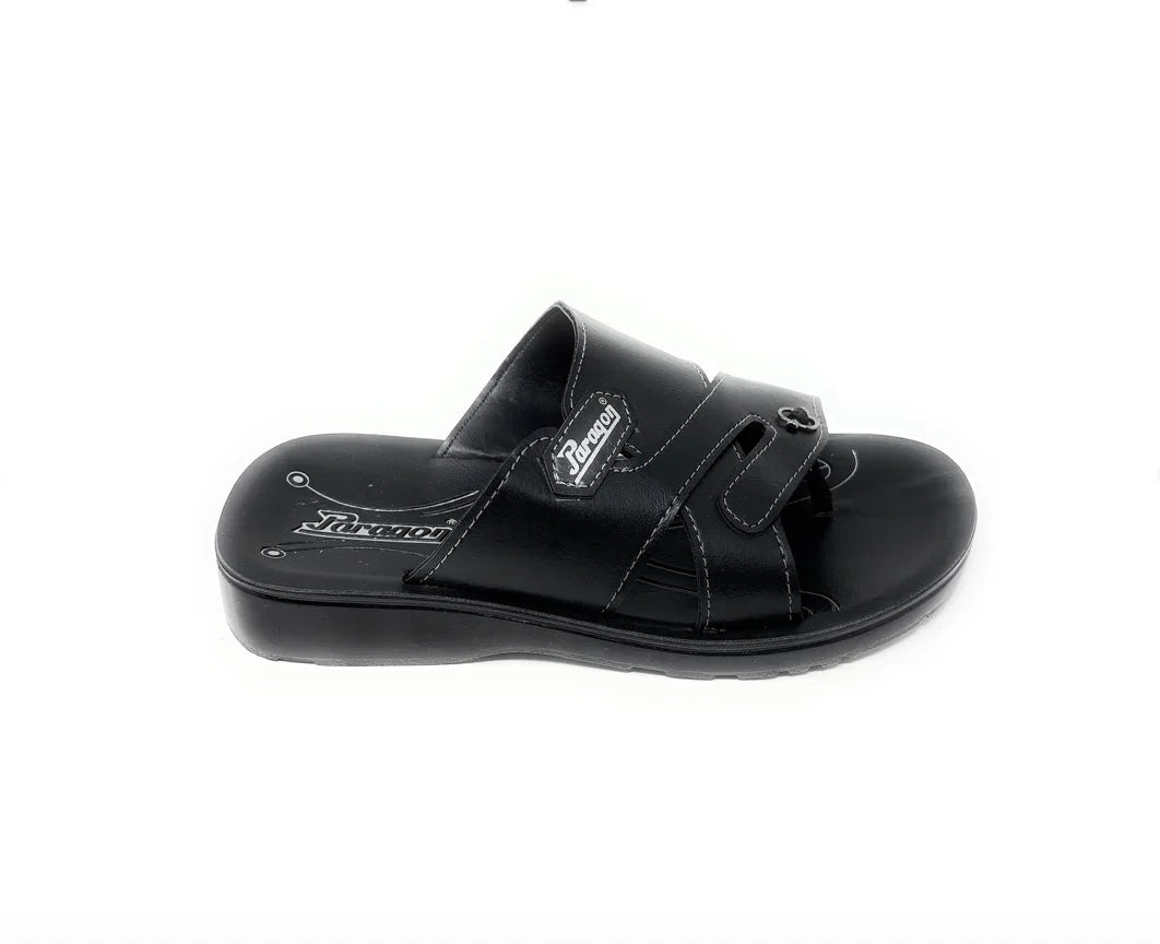 Black slip-on sandal with double straps and open toe for men on white background