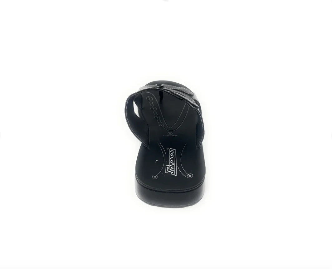 Black men's sandal with thick sole and broad strap on white background