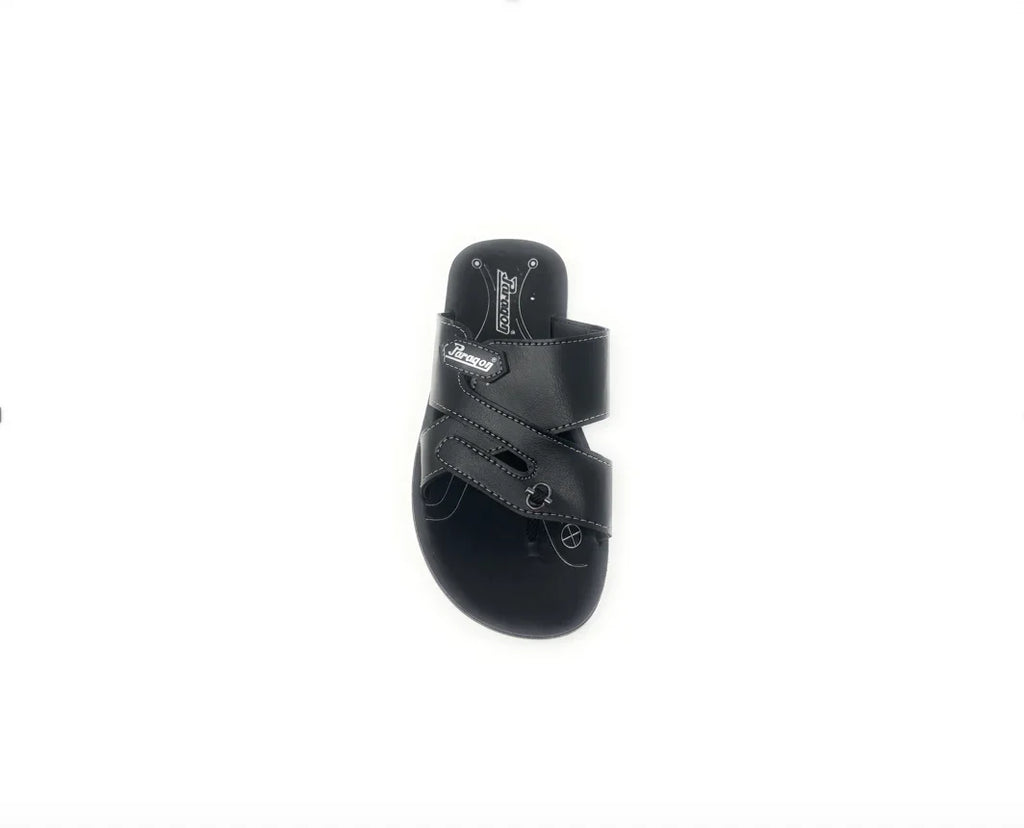 Black men's slip-on sandal with double straps and stitching detail on white background