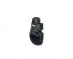 Black men's slip-on sandal with double straps and stitching detail on white background