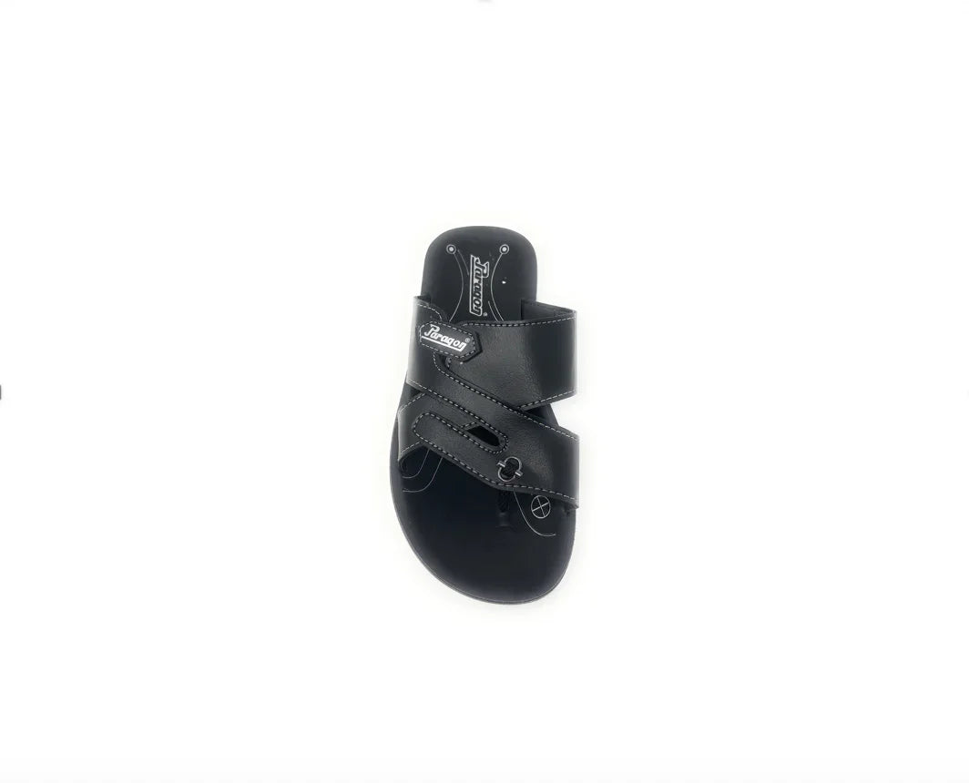 Black men's slip-on sandal with double straps and stitching detail on white background