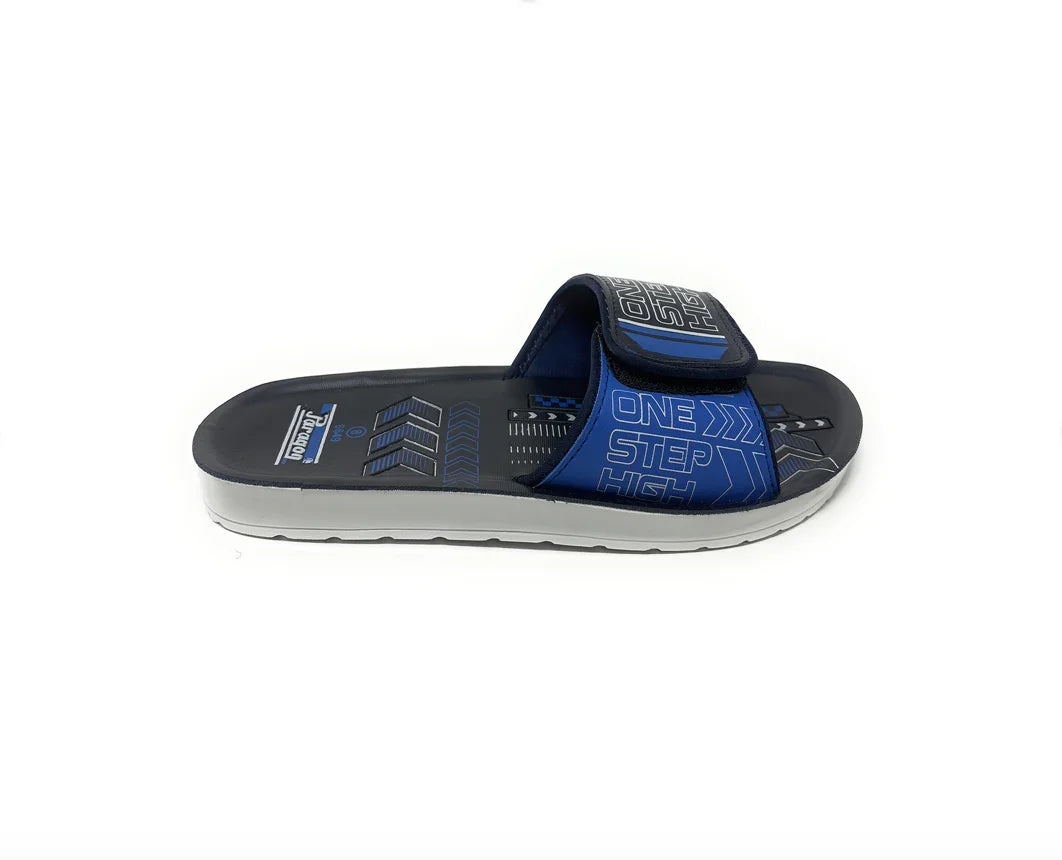 Men's blue slip-on sandal with adjustable strap and graphic text, side view on white background