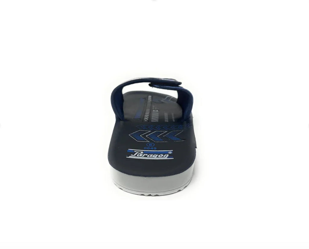 Navy blue men's flip flop sandal with printed sole on white background