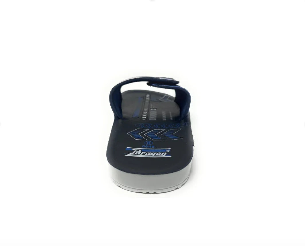Navy blue men's flip flop sandal with printed sole on white background