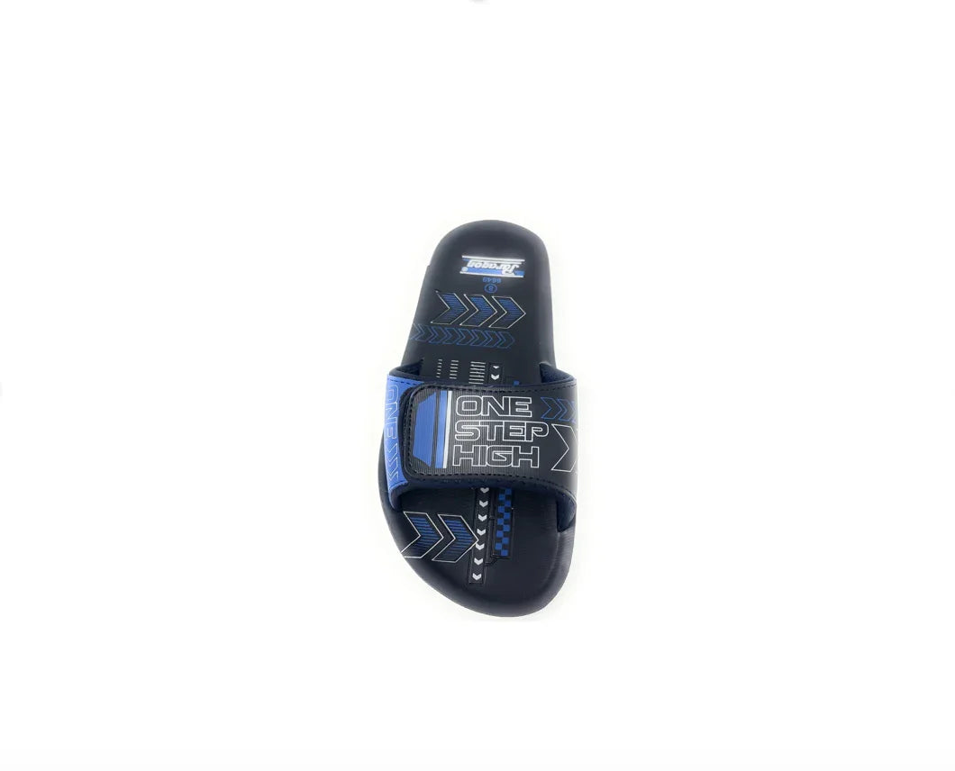 Navy blue slide sandal with 'One Step High' text and geometric arrow design on strap
