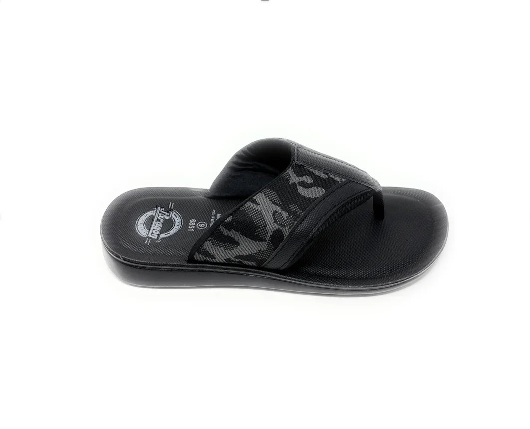 Black camo print men's slide sandal with cushioned sole on white background