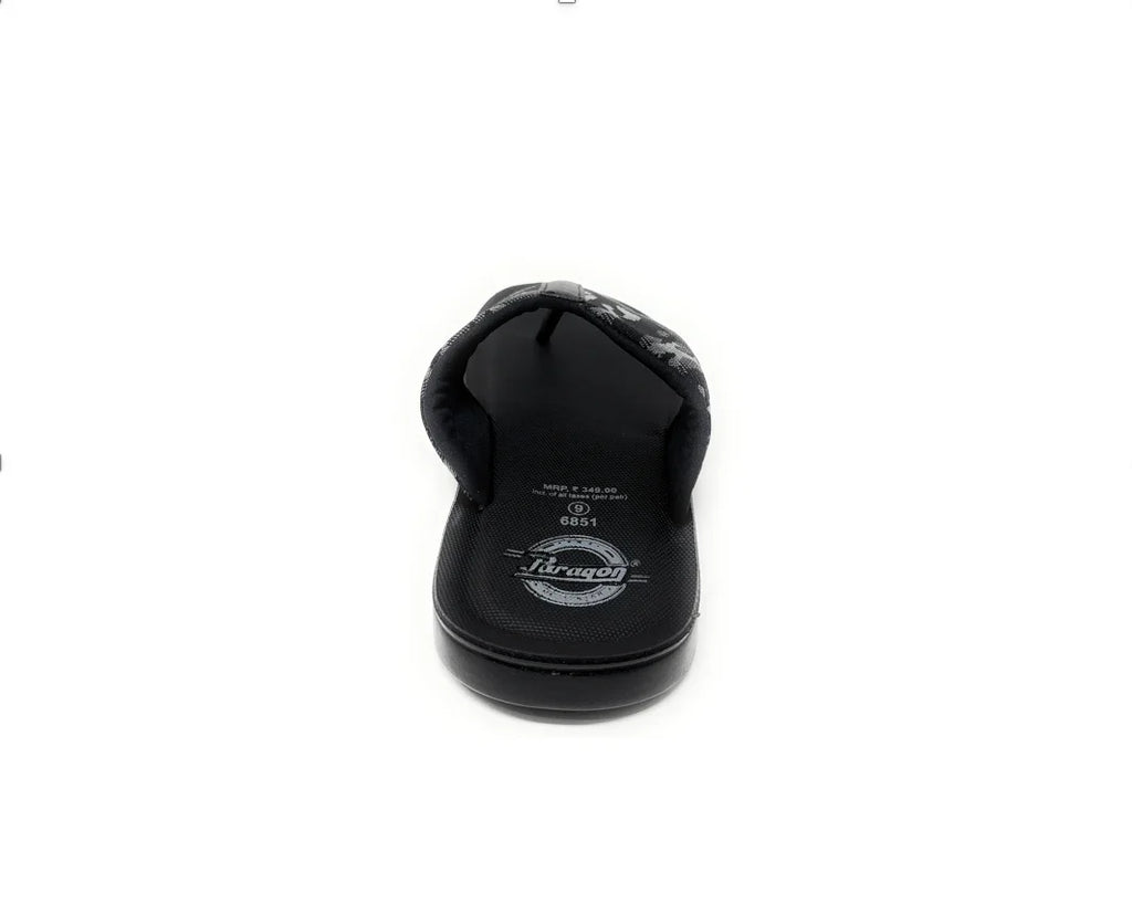 Black men’s flip flop sandal with cushioned sole, photographed on white background