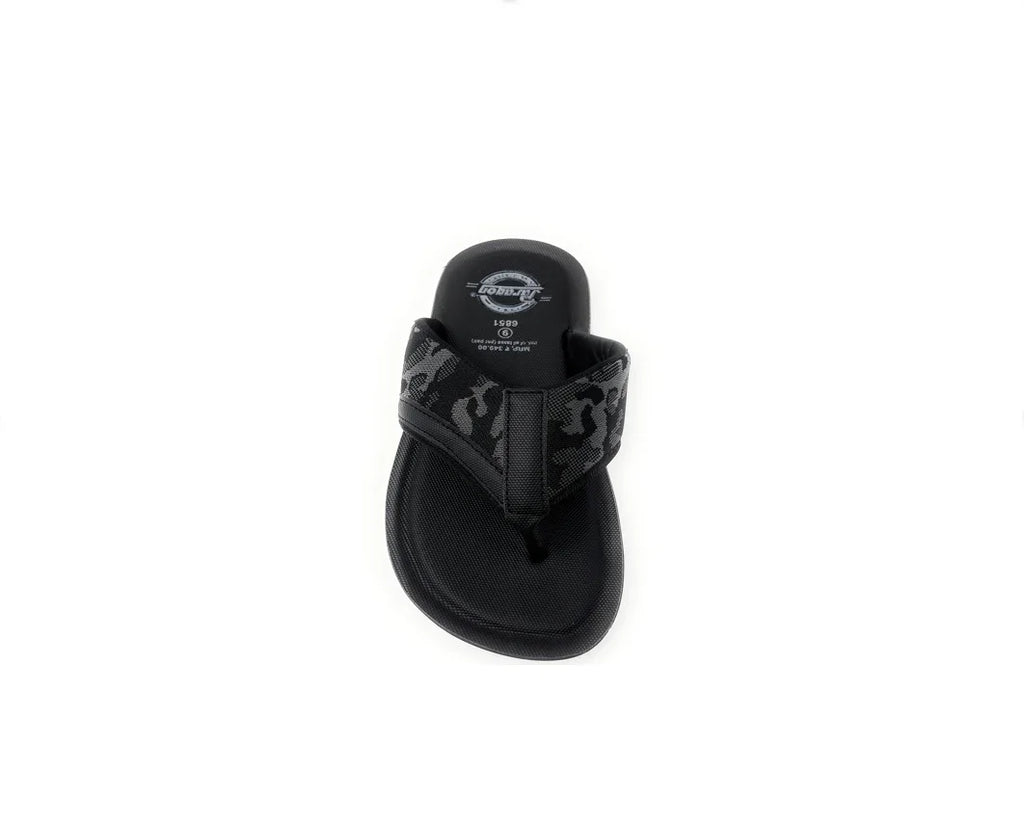 Black men's flip flop sandal with patterned strap on white background