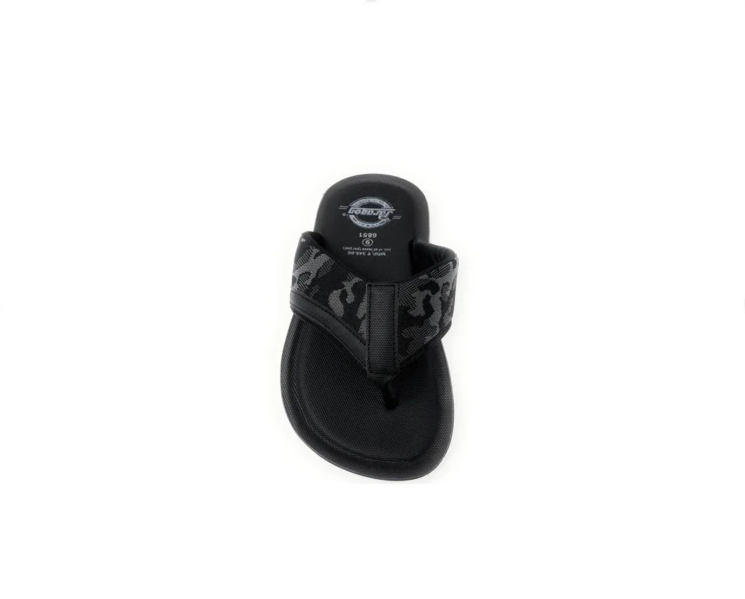 Black men's flip flop sandal with patterned strap on white background