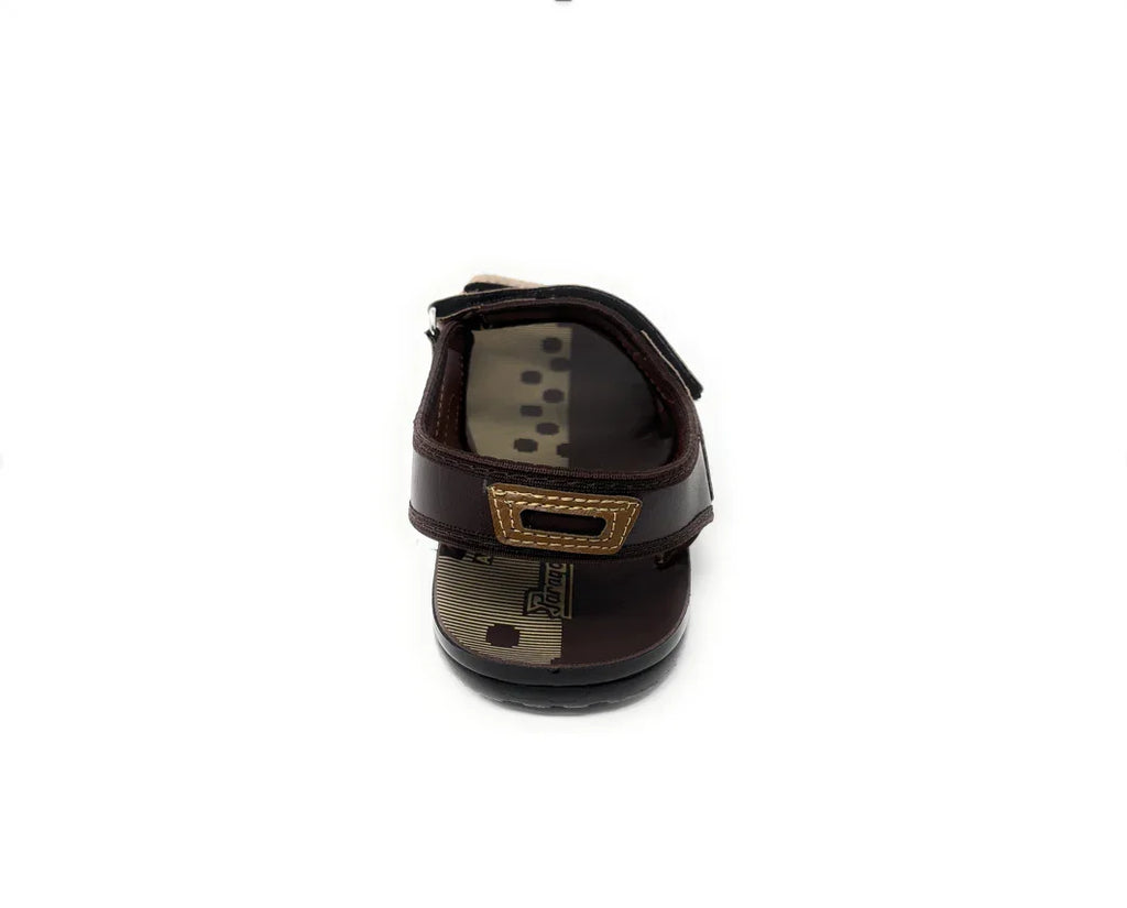 Brown kids' sandal with adjustable strap and contrast stitching, viewed from the front