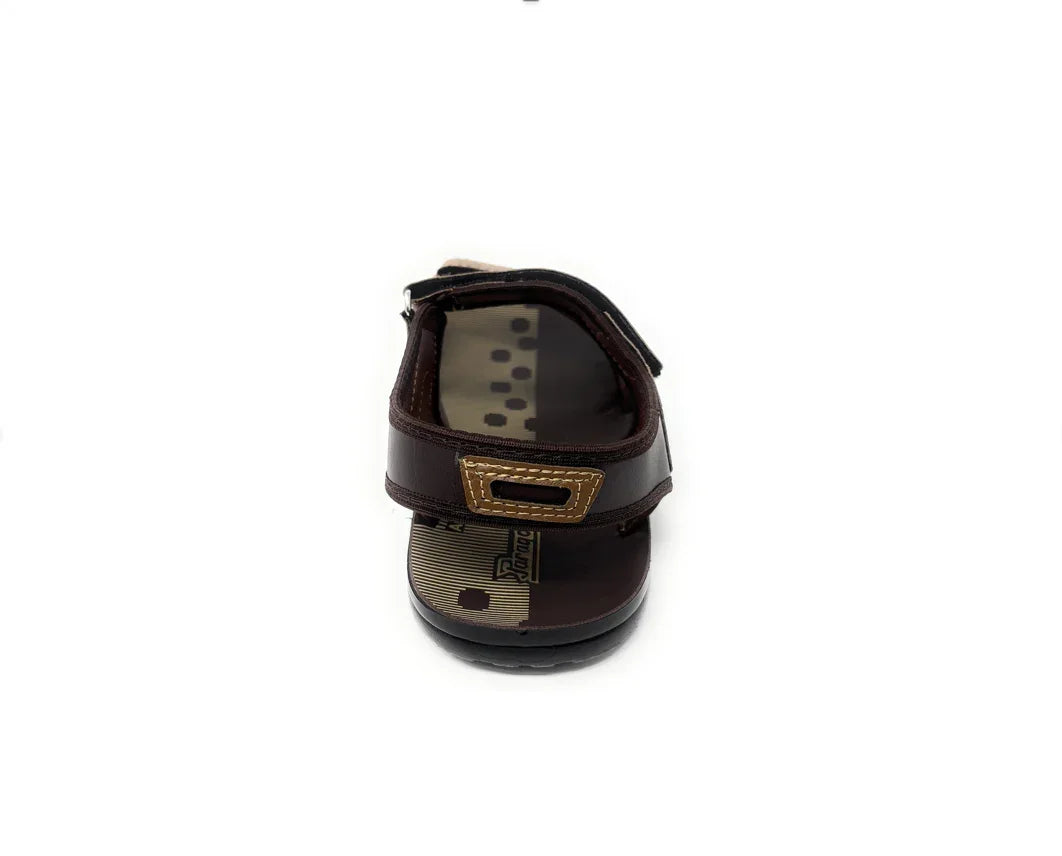 Brown kids' sandal with adjustable strap and contrast stitching, viewed from the front
