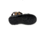 Brown sandal with textured black rubber sole, non-slip grip, kids footwear