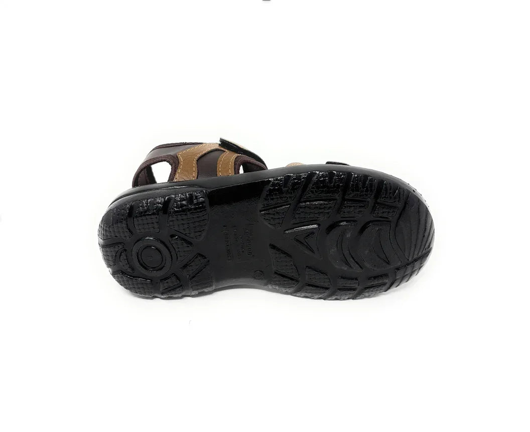 Brown sandal with textured black rubber sole, non-slip grip, kids footwear