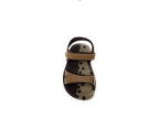 Brown open-toe sandal with adjustable straps and a polka dot footbed, top view