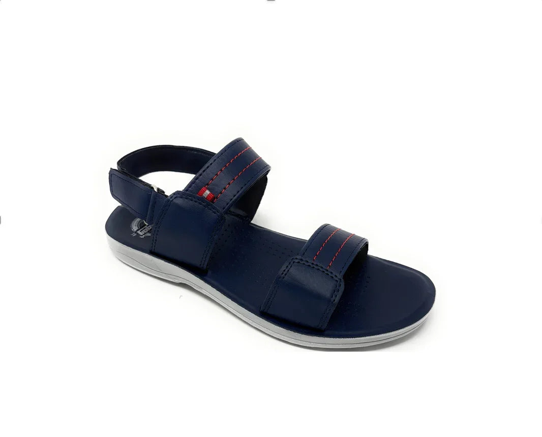 Navy blue sandal with adjustable straps and red stitching, flat sole, casual footwear
