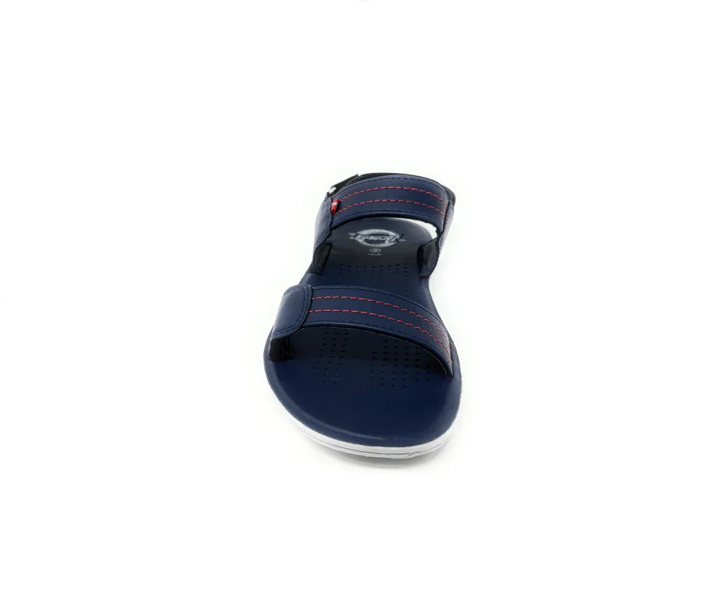Navy blue open-toe sandal with red stitching and adjustable straps on white background