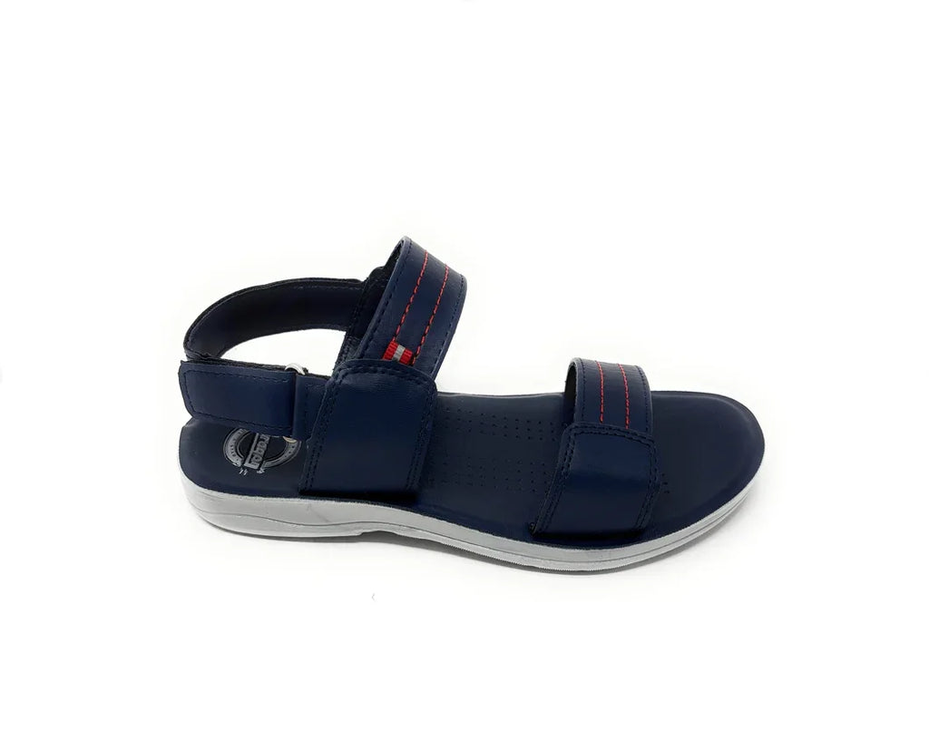Navy blue men's sandal with velcro straps and red stitching on a white background