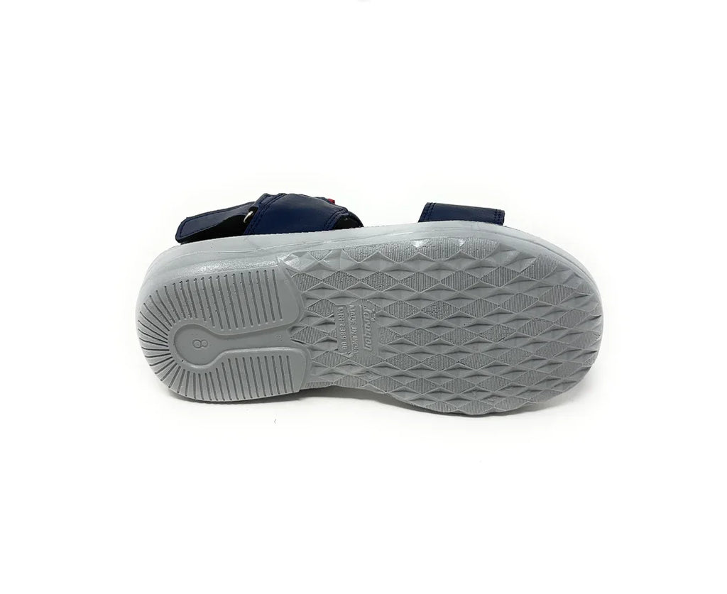 Blue casual sandal with a textured gray non-slip sole, shown from the bottom view