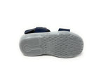 Blue casual sandal with a textured gray non-slip sole, shown from the bottom view