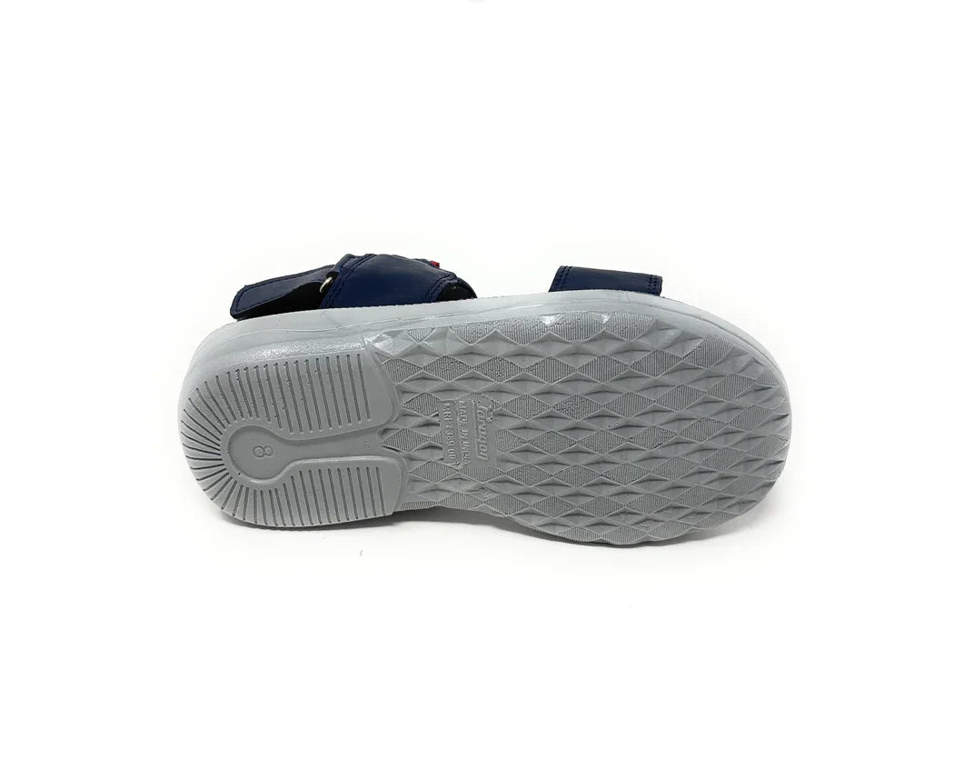 Blue casual sandal with a textured gray non-slip sole, shown from the bottom view