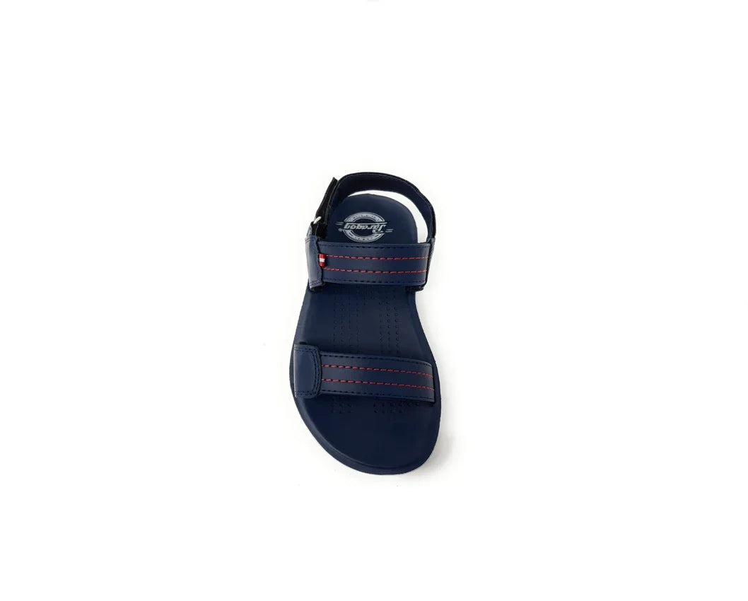 Navy blue open-toe sandal with red stitching and adjustable straps, footwear isolated on white