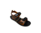 Men's brown and black sandal with hook-and-loop straps, open toe, and cushioned sole