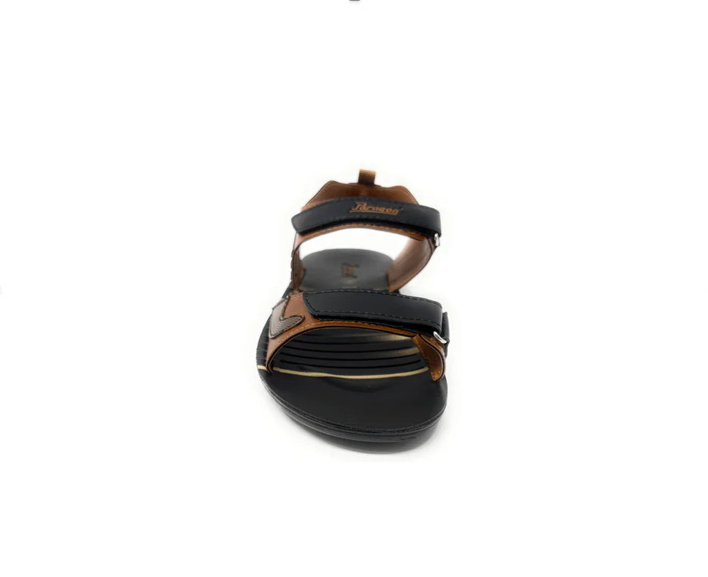 Front view of a black and brown men’s sandal with adjustable straps on white background