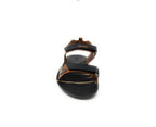 Front view of a black and brown men’s sandal with adjustable straps on white background