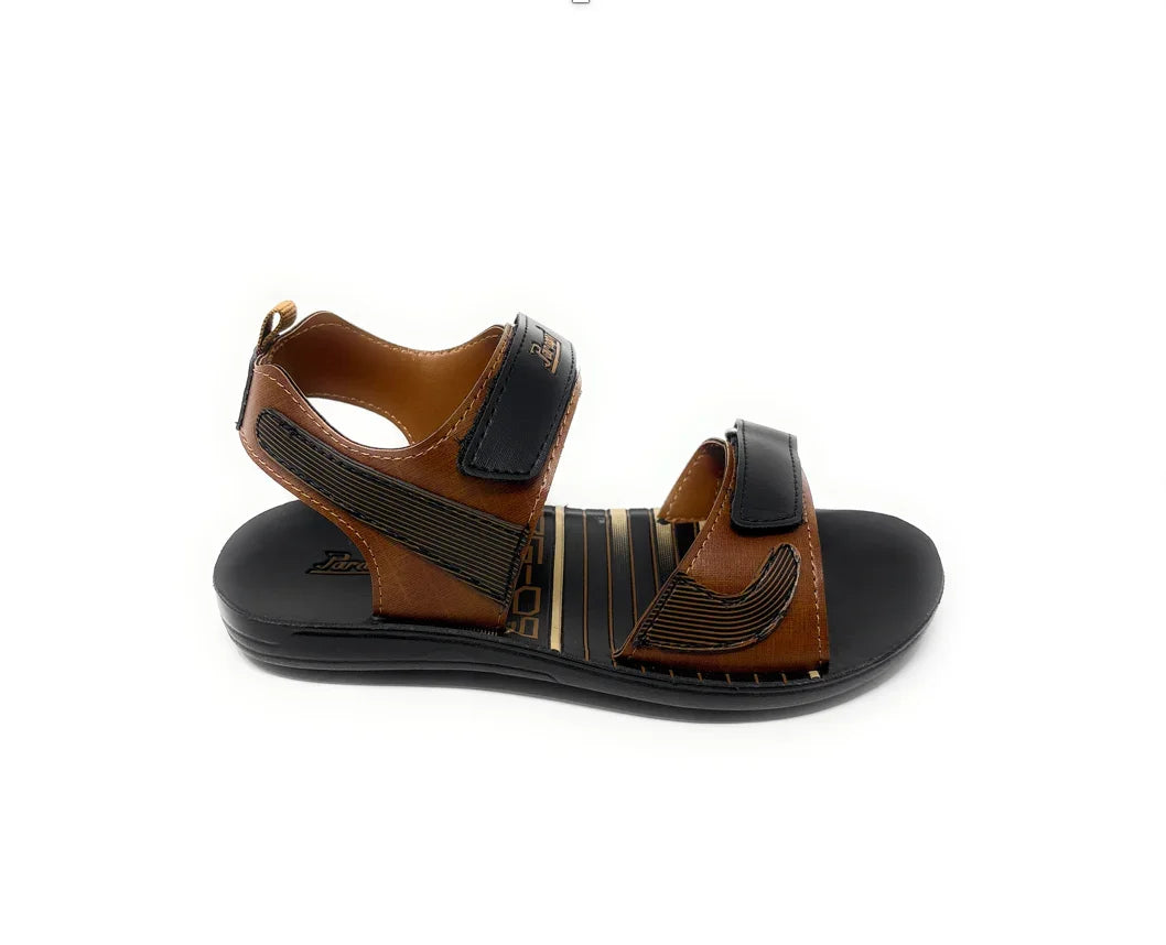 Men's brown and black open-toe sandal with adjustable straps, casual footwear