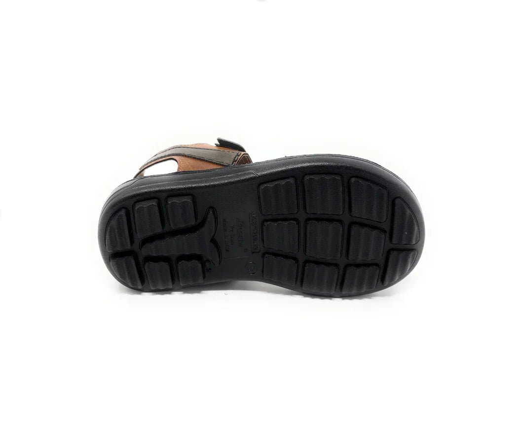 Black rubber sole of a brown men's sandal with textured grip, shown on white background