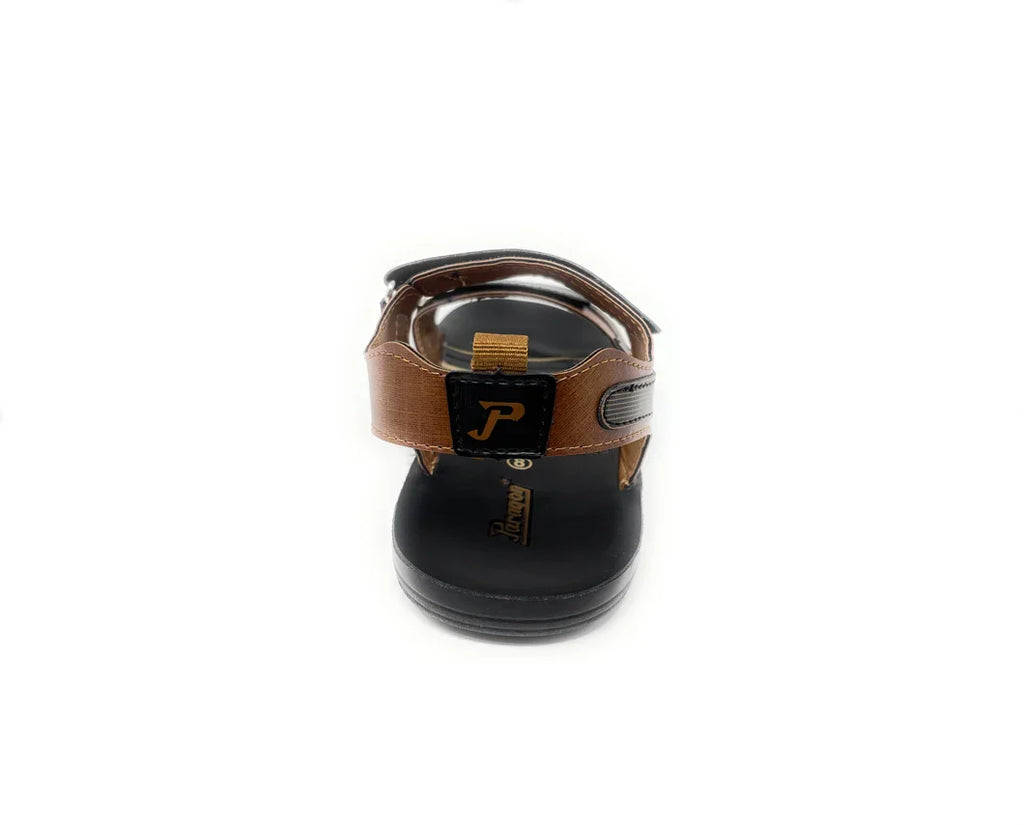 Brown and black open-toe sandal with adjustable strap, rear view, on white background