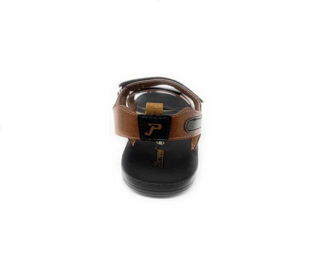 Brown and black open-toe sandal with adjustable strap, rear view, on white background