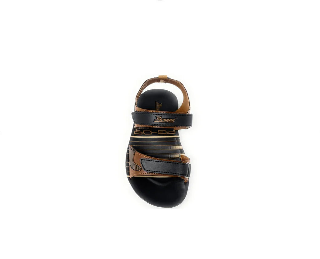 Men's black and brown open-toe sandal with adjustable straps on white background