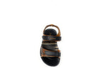 Men's black and brown open-toe sandal with adjustable straps on white background