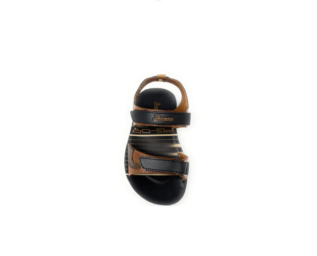 Men's black and brown open-toe sandal with adjustable straps on white background