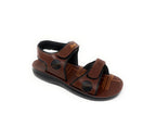 Men's brown open-toe sandal with Velcro straps and cushioned sole on white background