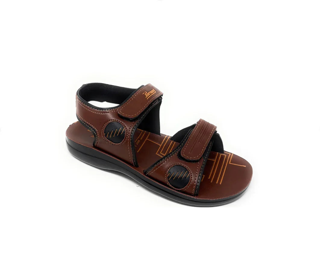 Men's brown open-toe sandal with Velcro straps and cushioned sole on white background
